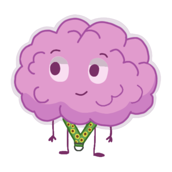 Cerebrinho, o mascote do Ninho: um cérebro roxo sorridente usando um cordão de girassóis